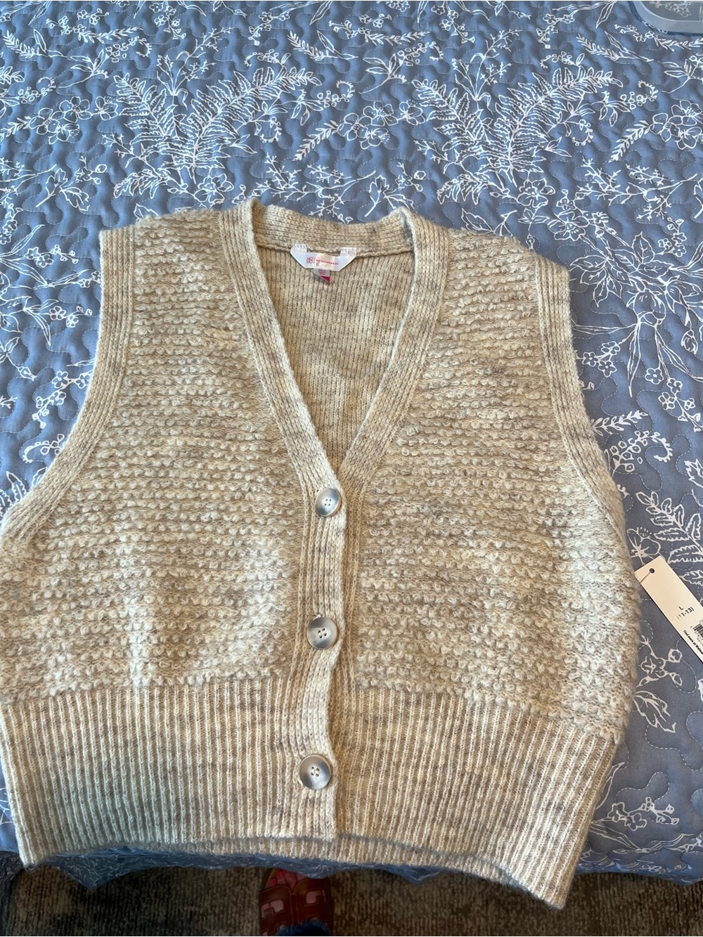 Cream Textured Cropped Knit Button-Front Sweater Vest